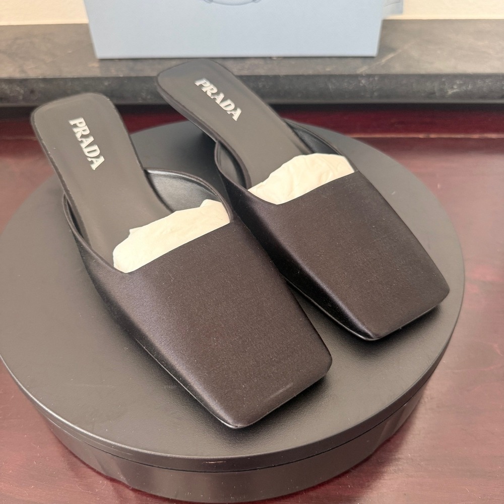 Prada 1I479N Black Satin Square Toe Kitten Heel Mules Sandals Shoes IT 40 - Picture 2 of 13